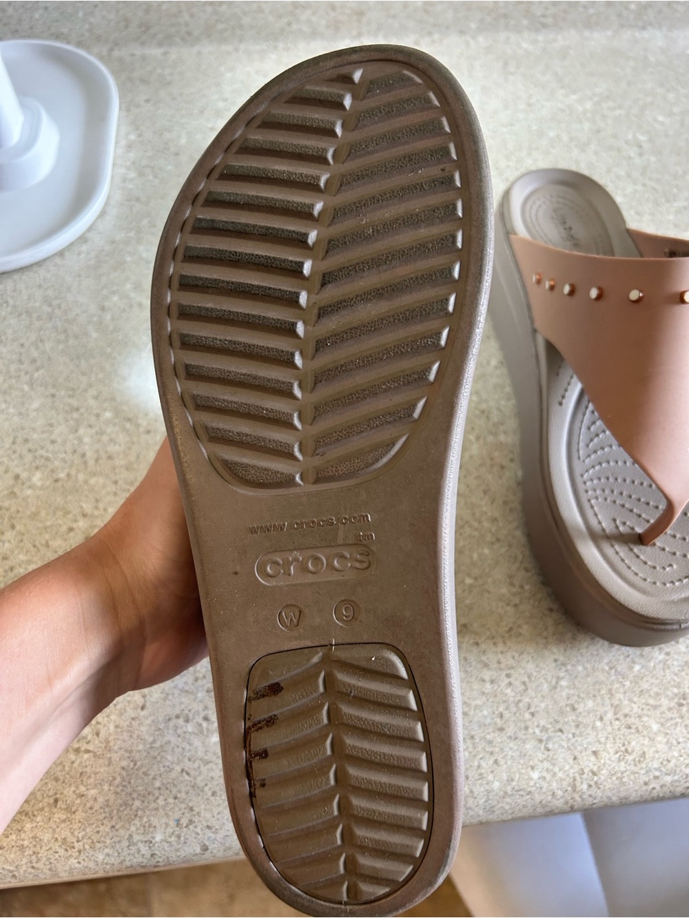CROCS Pink Taupe Studded Platform Thong Sandals - Picture 3 of 3
